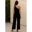 Kadın Siyah Tek Omuzlu Şık Bluz & Geniş Paça Pantolon İkili Takım – Modern, Konforlu ve Günlük Kombinlere Uygun