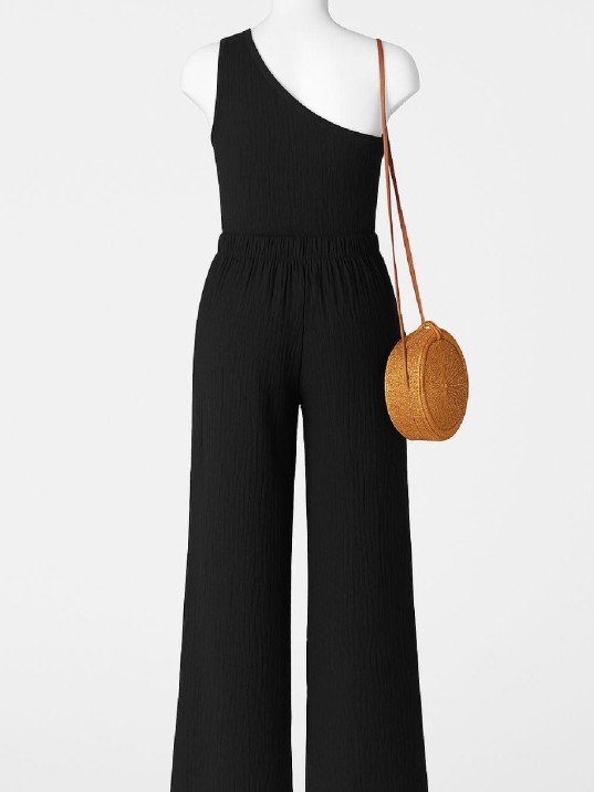 Kadın Siyah Tek Omuzlu Şık Bluz & Geniş Paça Pantolon İkili Takım – Modern, Konforlu ve Günlük Kombinlere Uygun