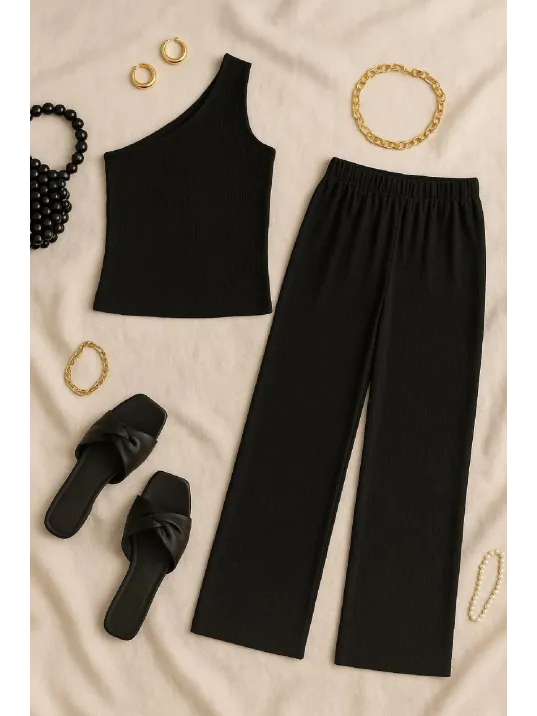 Kadın Siyah Tek Omuzlu Şık Bluz & Geniş Paça Pantolon İkili Takım – Modern, Konforlu Ve Günlük Kombinlere Uygun