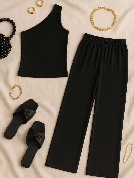 Kadın Siyah Tek Omuzlu Şık Bluz & Geniş Paça Pantolon İkili Takım – Modern, Konforlu ve Günlük Kombinlere Uygun