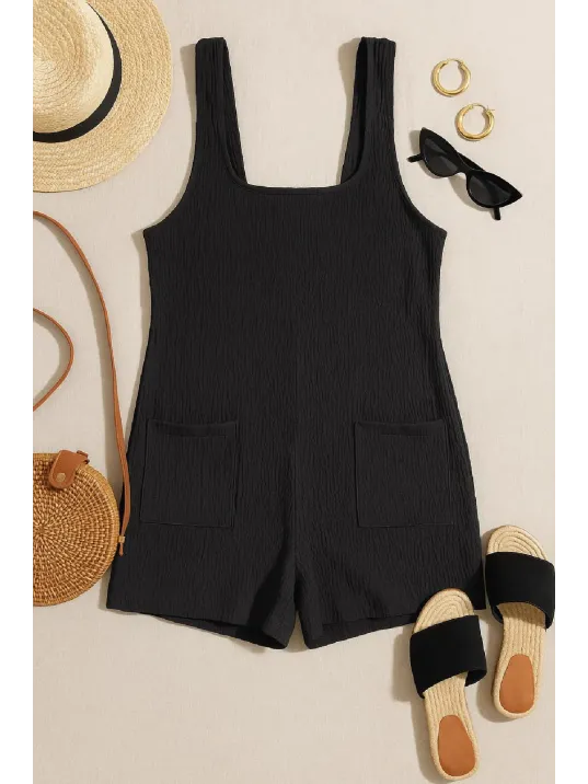 Kadın Siyah Mini Cepli Tulum Plaj Elbisesi – Şık, Rahat Ve 4 Mevsim Kullanıma Uygun