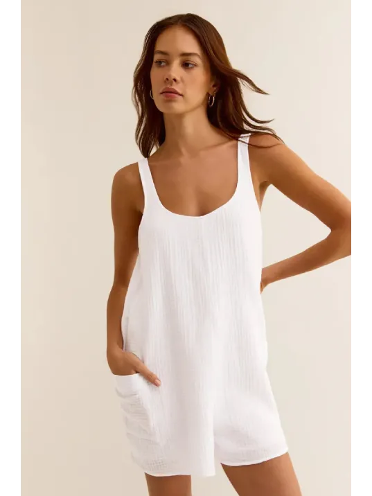 Kadın Beyaz Mini Cepli Tulum Plaj Elbisesi – Şık, Rahat Ve 4 Mevsim Kullanıma Uygun