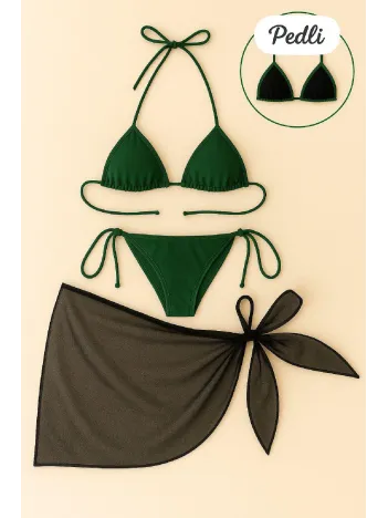 Kadın Yeşil Siyah Pareolu Yandan Ve Boyundan Bağlamalı 3'lü Bikini Takımı – Modern, Konforlu Ve Günlük Kombinlere Uygun