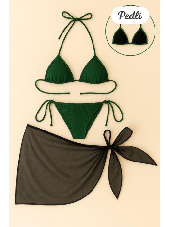 Kadın Yeşil Siyah Pareolu Yandan Ve Boyundan Bağlamalı 3'lü Bikini Takımı – Modern, Konforlu Ve Günlük Kombinlere Uygun
