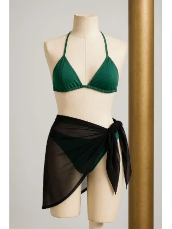 Kadın Yeşil Siyah Pareolu Yandan Ve Boyundan Bağlamalı 3'lü Bikini Takımı – Modern, Konforlu Ve Günlük Kombinlere Uygun