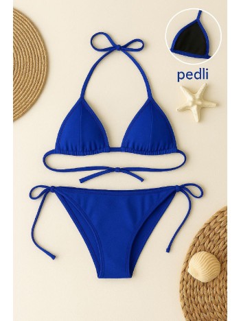 Kadın Mavi Yandan ve Boyundan Bağlamalı Bikini Mayo Takımı