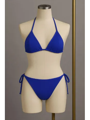 Kadın Mavi Yandan Ve Boyundan Bağlamalı Bikini Mayo Takımı