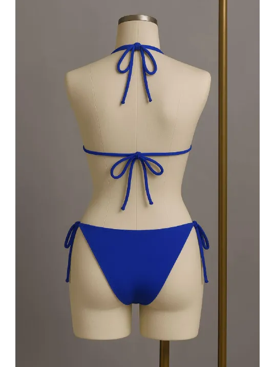 Kadın Mavi Yandan Ve Boyundan Bağlamalı Bikini Mayo Takımı