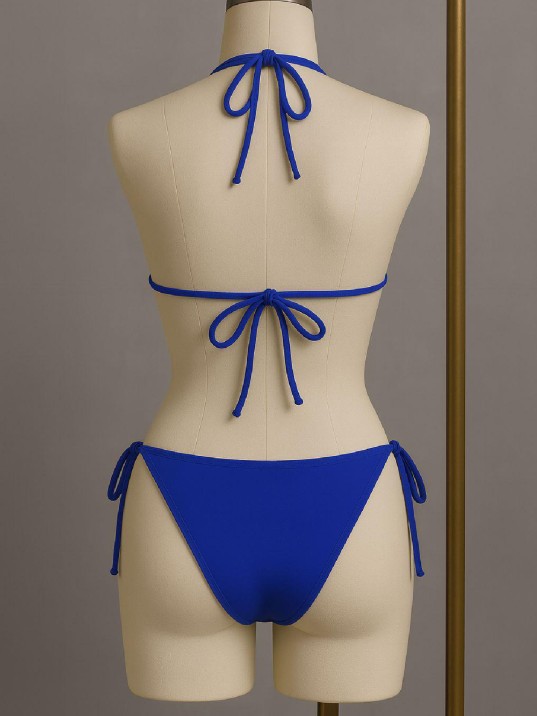 Kadın Mavi Yandan ve Boyundan Bağlamalı Bikini Mayo Takımı