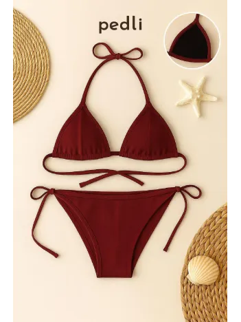 Kadın Bordo Yandan Ve Boyundan Bağlamalı Bikini Mayo Takımı