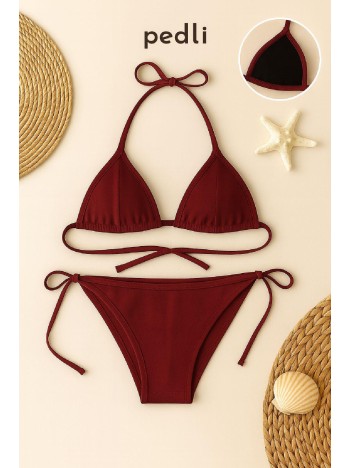 Kadın Bordo Yandan Ve Boyundan Bağlamalı Bikini Mayo Takımı