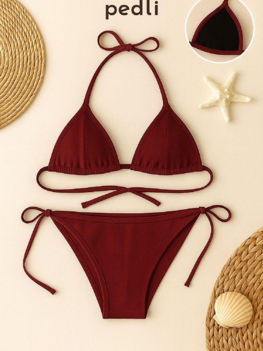 Kadın Bordo Yandan ve Boyundan Bağlamalı Bikini Mayo Takımı
