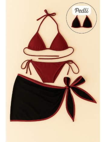 Kadın Bordo Siyah Pareolu Yandan Ve Boyundan Bağlamalı 3'lü Bikini Takımı – Modern, Konforlu Ve Günlük Kombinlere Uygun