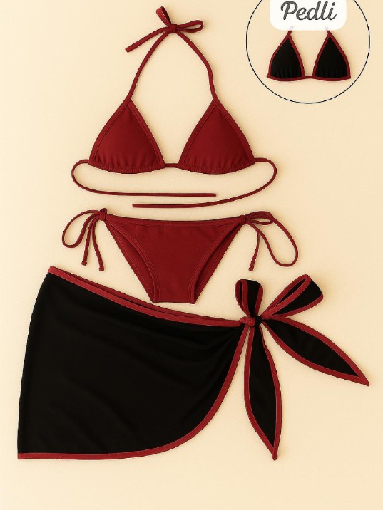 Kadın Bordo Siyah Pareolu Yandan Ve Boyundan Bağlamalı 3'lü Bikini Takımı – Modern, Konforlu Ve Günlük Kombinlere Uygun Kadın Bordo Siyah Pareolu Yandan Ve Boyundan Bağlamalı 3'lü Bikini Takımı – Modern, Konforlu Ve Günlük Kombinlere Uygun