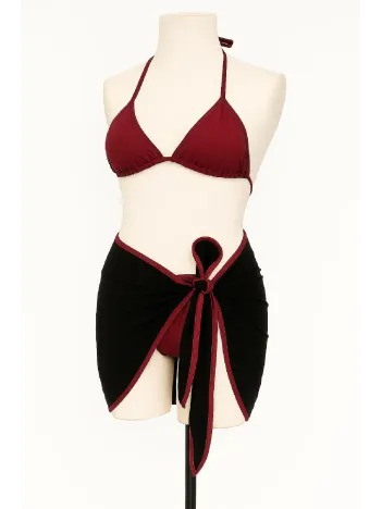 Kadın Bordo Siyah Pareolu Yandan Ve Boyundan Bağlamalı 3'lü Bikini Takımı – Modern, Konforlu Ve Günlük Kombinlere Uygun