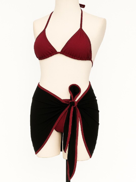 Kadın Bordo Siyah Pareolu Yandan ve Boyundan Bağlamalı 3'lü Bikini Takımı – Modern, Konforlu ve Günlük Kombinlere Uygun
