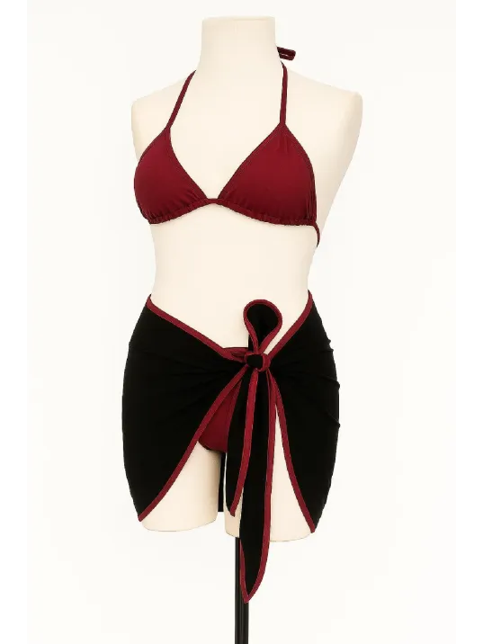 Kadın Bordo Siyah Pareolu Yandan Ve Boyundan Bağlamalı 3'lü Bikini Takımı – Modern, Konforlu Ve Günlük Kombinlere Uygun