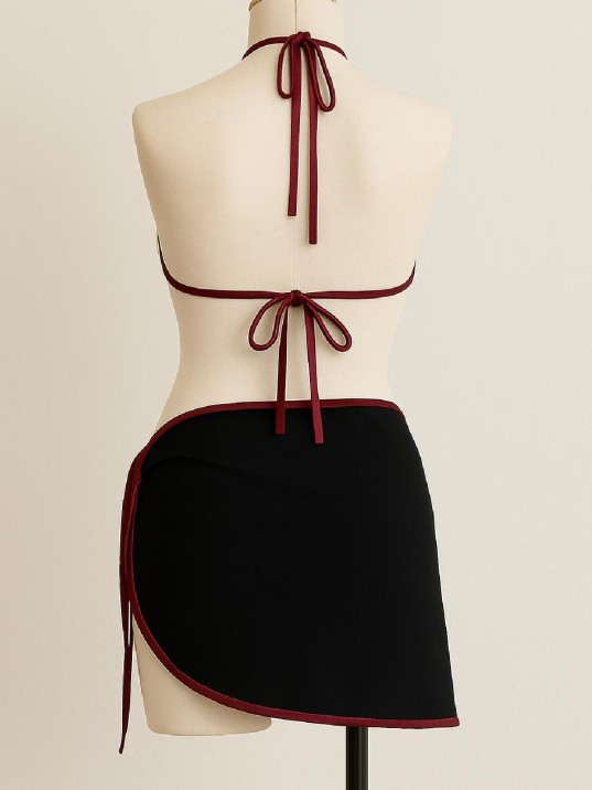 Kadın Bordo Siyah Pareolu Yandan Ve Boyundan Bağlamalı 3'lü Bikini Takımı – Modern, Konforlu Ve Günlük Kombinlere Uygun