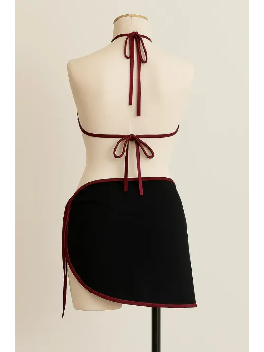 Kadın Bordo Siyah Pareolu Yandan Ve Boyundan Bağlamalı 3'lü Bikini Takımı – Modern, Konforlu Ve Günlük Kombinlere Uygun