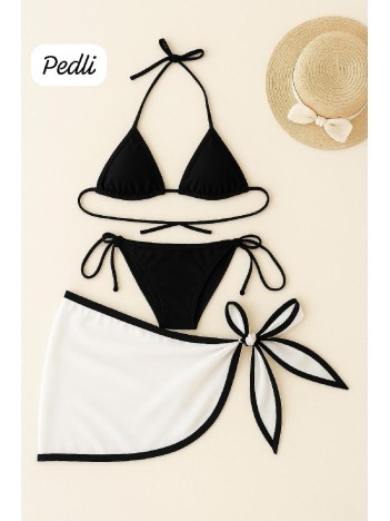 Kadın Siyah Beyaz Pareolu Yandan Ve Boyundan Bağlamalı 3'lü Bikini Takımı – Modern, Konforlu Ve Günlük Kombinlere Uygun