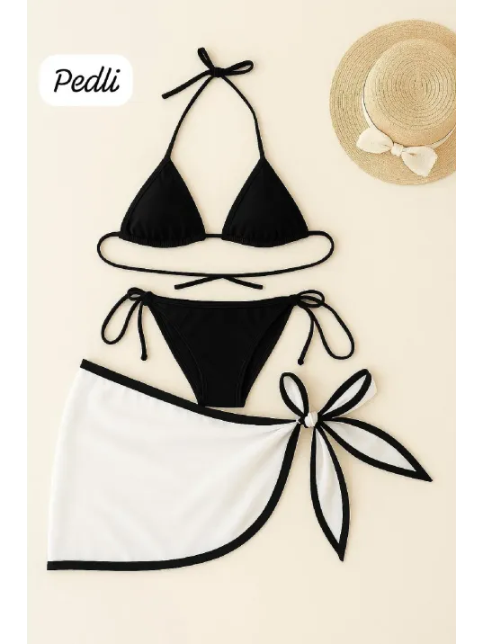 Kadın Siyah Beyaz Pareolu Yandan Ve Boyundan Bağlamalı 3'lü Bikini Takımı – Modern, Konforlu Ve Günlük Kombinlere Uygun