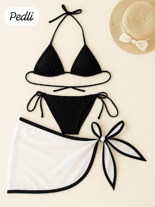 Kadın Siyah Beyaz Pareolu Yandan ve Boyundan Bağlamalı 3'lü Bikini Takımı – Modern, Konforlu ve Günlük Kombinlere Uygun