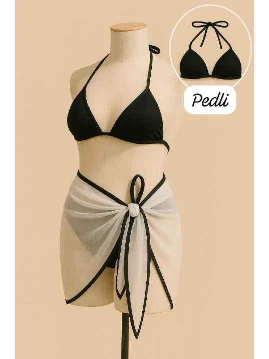Kadın Siyah Beyaz Pareolu Yandan Ve Boyundan Bağlamalı 3'lü Bikini Takımı – Modern, Konforlu Ve Günlük Kombinlere Uygun