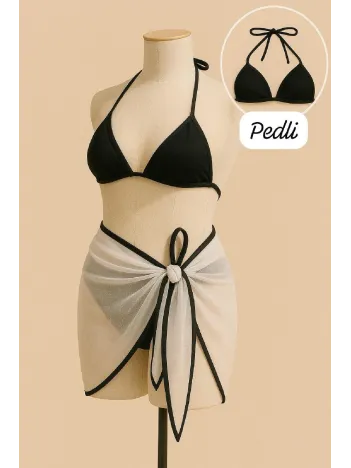 Kadın Siyah Beyaz Pareolu Yandan Ve Boyundan Bağlamalı 3'lü Bikini Takımı – Modern, Konforlu Ve Günlük Kombinlere Uygun