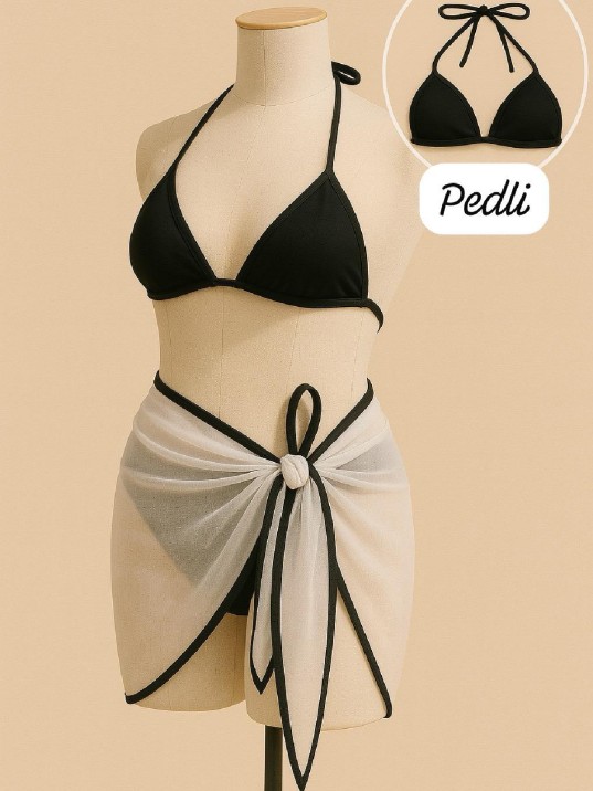 Kadın Siyah Beyaz Pareolu Yandan ve Boyundan Bağlamalı 3'lü Bikini Takımı – Modern, Konforlu ve Günlük Kombinlere Uygun
