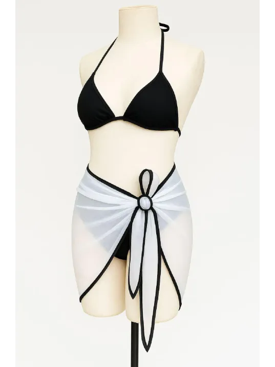 Kadın Siyah Beyaz Pareolu Yandan Ve Boyundan Bağlamalı 3'lü Bikini Takımı – Modern, Konforlu Ve Günlük Kombinlere Uygun