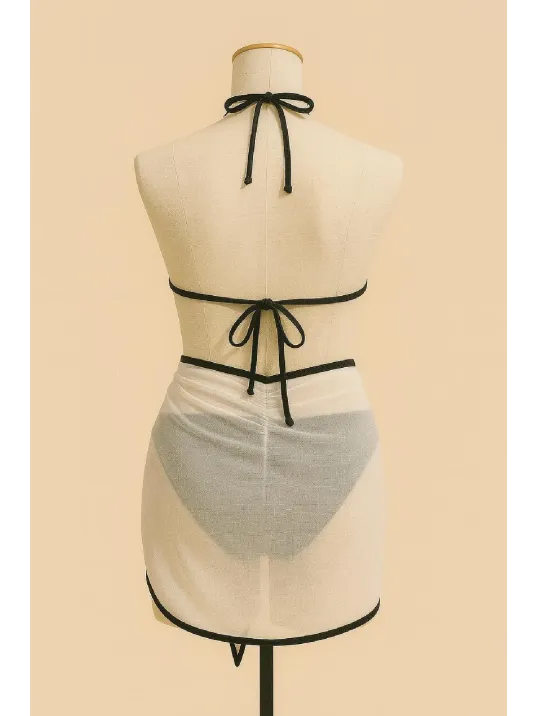 Kadın Siyah Beyaz Pareolu Yandan Ve Boyundan Bağlamalı 3'lü Bikini Takımı – Modern, Konforlu Ve Günlük Kombinlere Uygun