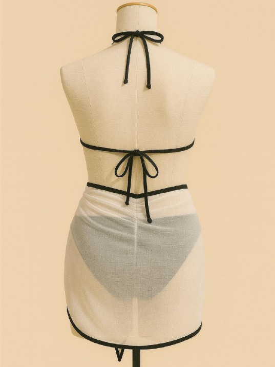 Kadın Siyah Beyaz Pareolu Yandan ve Boyundan Bağlamalı 3'lü Bikini Takımı – Modern, Konforlu ve Günlük Kombinlere Uygun