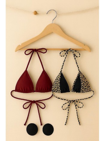 Kadın Leopar Desenli Ve Bordo Minimal Kesim Üçgen Bikini Üstü – Modern Ve Şık Tasarım
