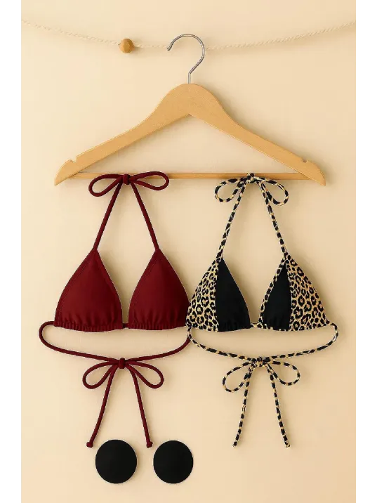 Kadın Leopar Desenli Ve Bordo Minimal Kesim Üçgen Bikini Üstü – Modern Ve Şık Tasarım