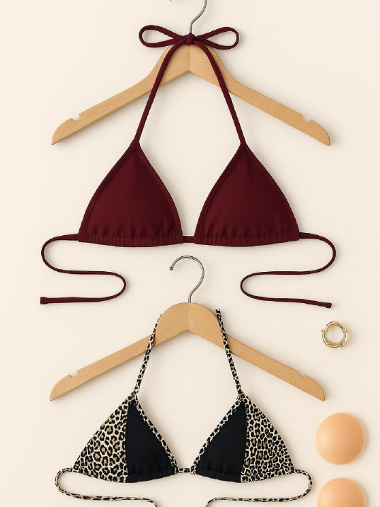 Kadın Leopar Desenli Ve Bordo Minimal Kesim Üçgen Bikini Üstü – Modern Ve Şık Tasarım