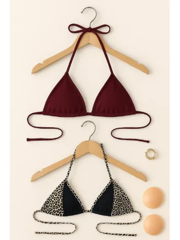 Kadın Leopar Desenli Ve Bordo Minimal Kesim Üçgen Bikini Üstü – Modern Ve Şık Tasarım