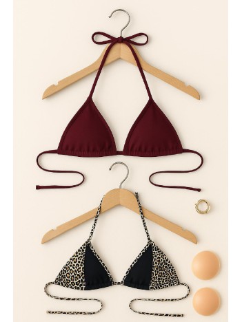 Kadın Leopar Desenli ve Bordo Minimal Kesim Üçgen Bikini Üstü – Modern ve Şık Tasarım