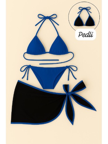 Kadın Mavi Pareolu Yandan Ve Boyundan Bağlamalı 3'lü Bikini Takımı – Modern, Konforlu Ve Günlük Kombinlere Uygun