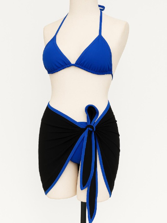 Kadın Mavi Pareolu Yandan ve Boyundan Bağlamalı 3'lü Bikini Takımı – Modern, Konforlu ve Günlük Kombinlere Uygun