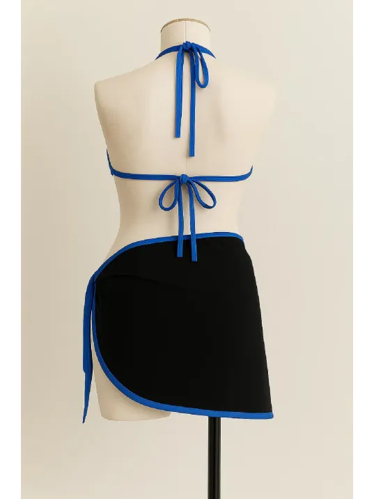 Kadın Mavi Pareolu Yandan Ve Boyundan Bağlamalı 3'lü Bikini Takımı – Modern, Konforlu Ve Günlük Kombinlere Uygun