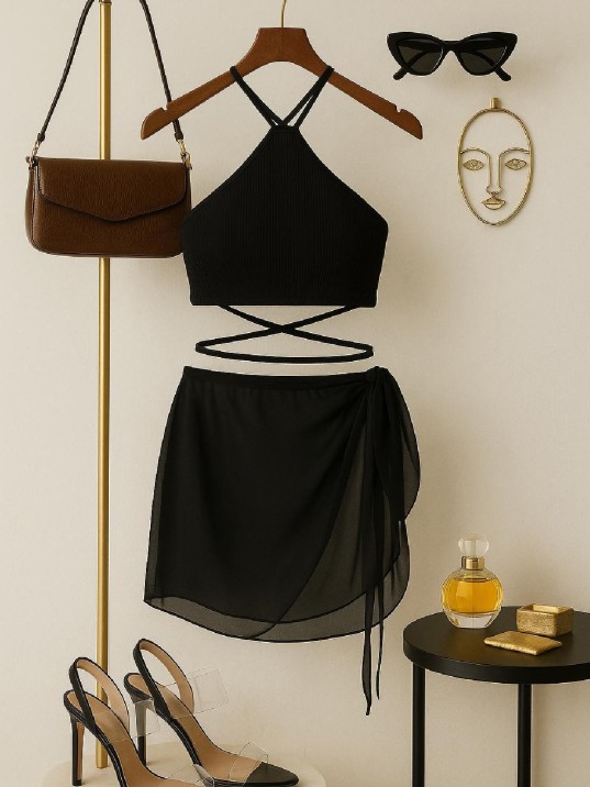 Kadın Siyah Çapraz Bağlamalı Crop Ve Pareo 2'li Set – Modern Ve Şık Tasarım