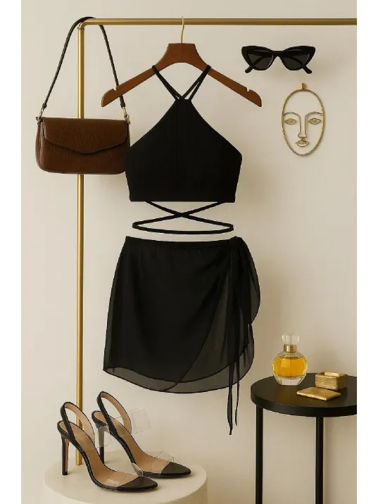 Kadın Siyah Çapraz Bağlamalı Crop Ve Pareo 2'li Set – Modern Ve Şık Tasarım