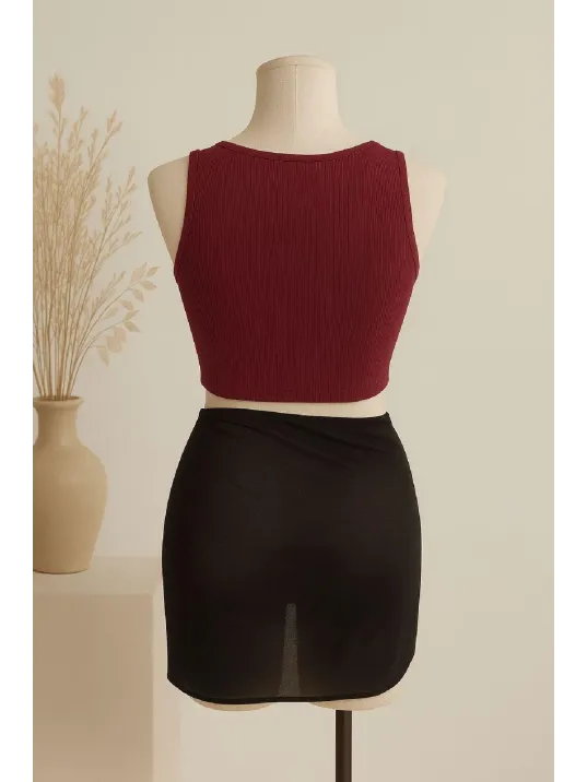 Kadın Bordo Yuvarlak Yaka Crop Ve Siyah Pareo 2'li Set – Modern Ve Şık Tasarım