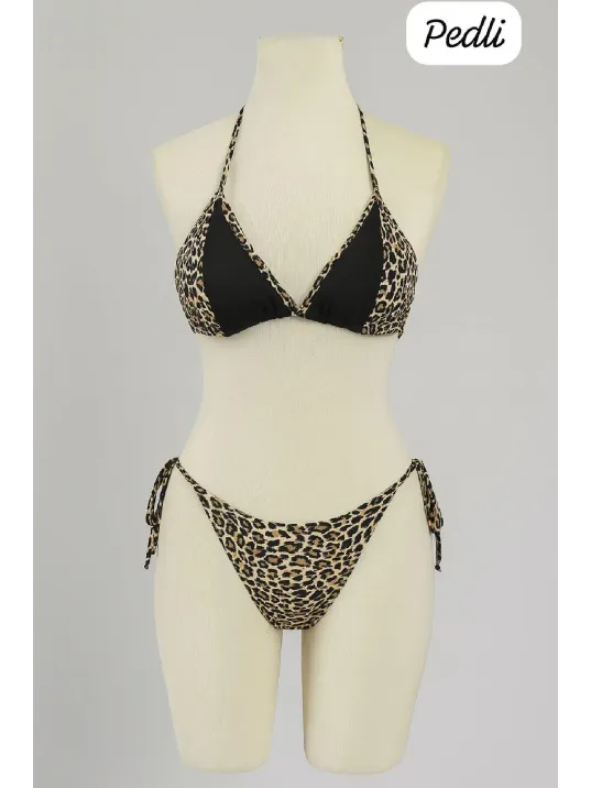 Kadın Siyah Ve Leopar Detaylı Yandan Bağlamalı Bikini Takımı – Modern, Konforlu Ve Günlük Kombinlere Uygun