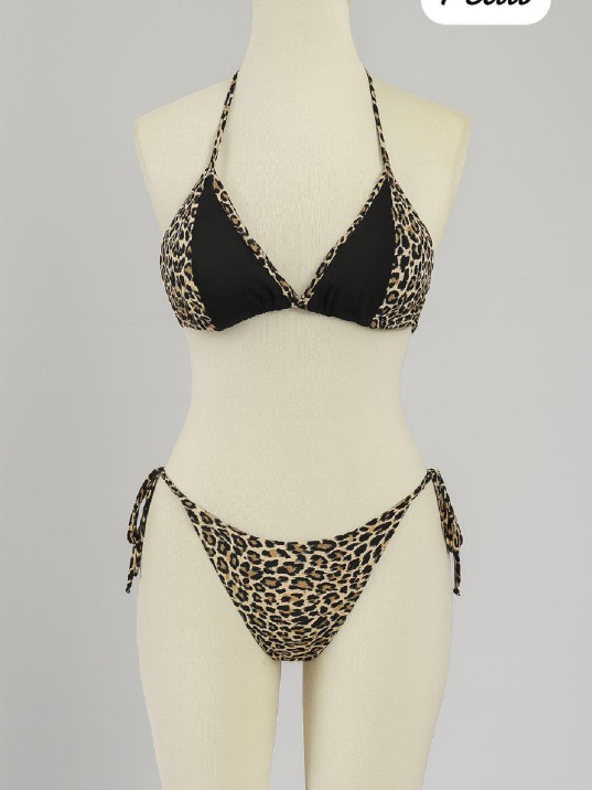 Kadın Siyah Ve Leopar Detaylı Yandan Bağlamalı Bikini Takımı – Modern, Konforlu Ve Günlük Kombinlere Uygun