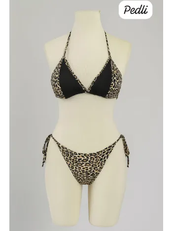 Kadın Siyah Ve Leopar Detaylı Yandan Bağlamalı Bikini Takımı – Modern, Konforlu Ve Günlük Kombinlere Uygun