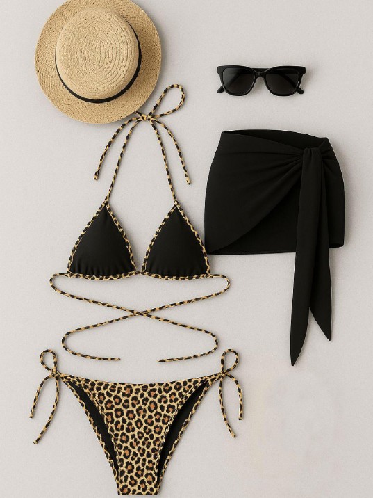 Kadın Siyah Ve Leopar Desenli Pareolu 3'lü Bikini Takımı – Modern, Konforlu Ve Günlük Kombinlere Uygun