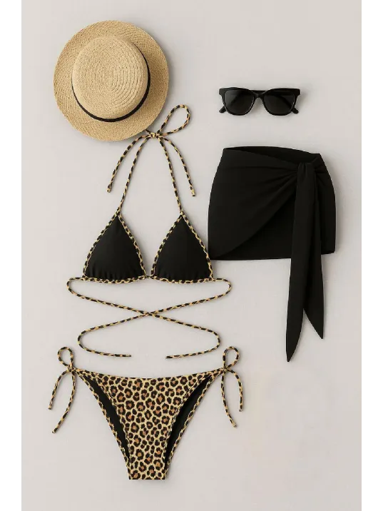 Kadın Siyah Ve Leopar Desenli Pareolu 3'lü Bikini Takımı – Modern, Konforlu Ve Günlük Kombinlere Uygun