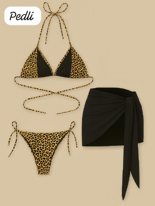 Kadın Siyah Ve Leopar Desenli Pareolu 3'lü Bikini Takımı – Modern, Konforlu Ve Günlük Kombinlere Uygun