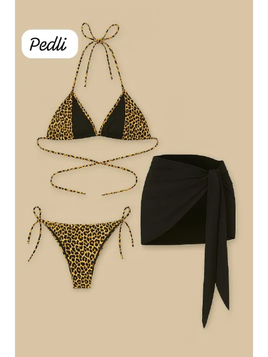 Kadın Siyah Ve Leopar Desenli Pareolu 3'lü Bikini Takımı – Modern, Konforlu Ve Günlük Kombinlere Uygun Kadın Siyah Ve Leopar Desenli Pareolu 3'lü Bikini Takımı – Modern, Konforlu Ve Günlük Kombinlere Uygun